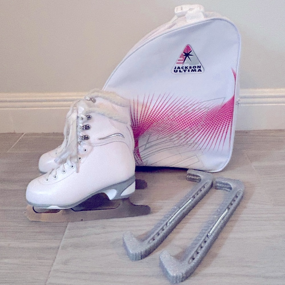 Girls White Figure Skates with Pink Accent Carry Bag